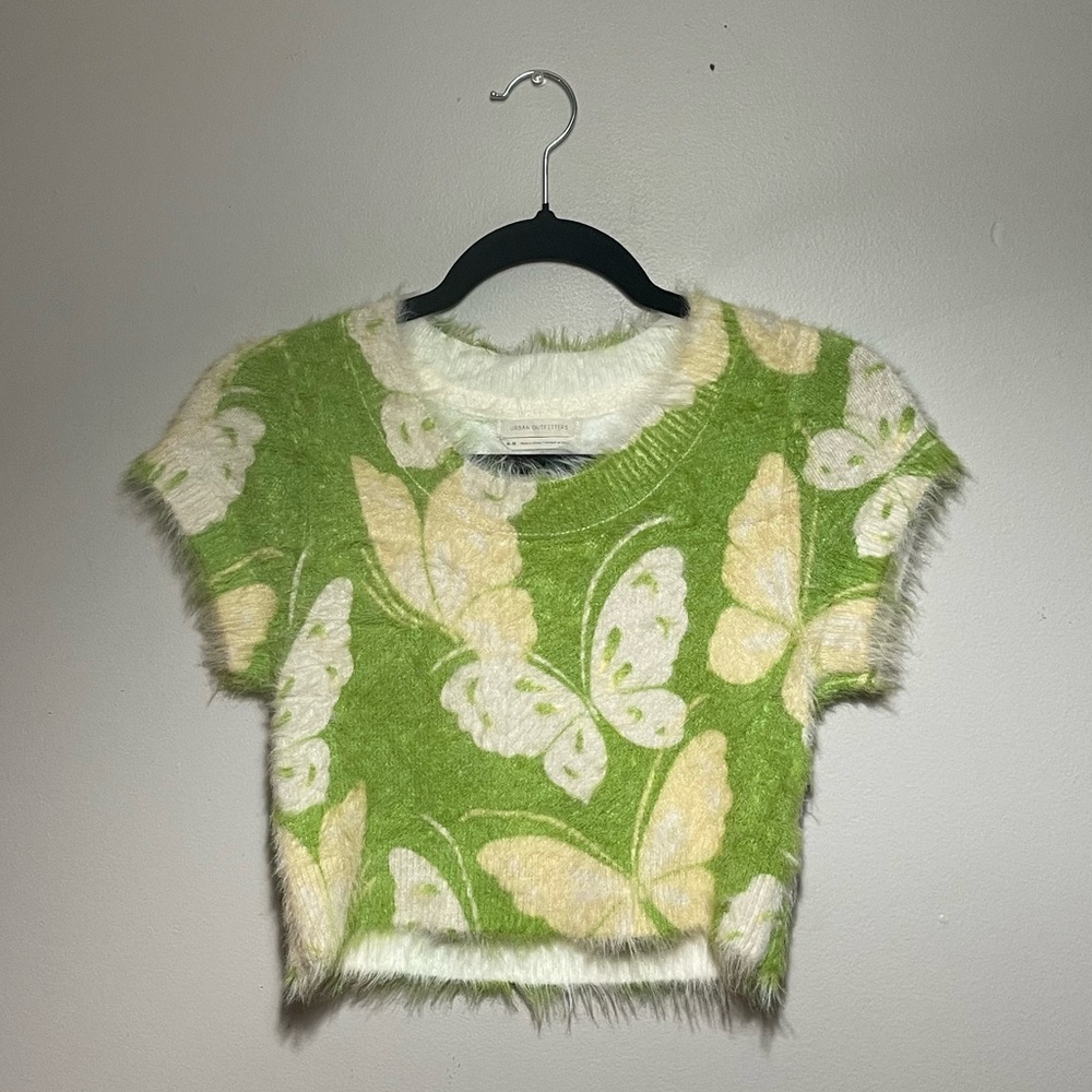 Fuzzy Green Butterfly Crop Top